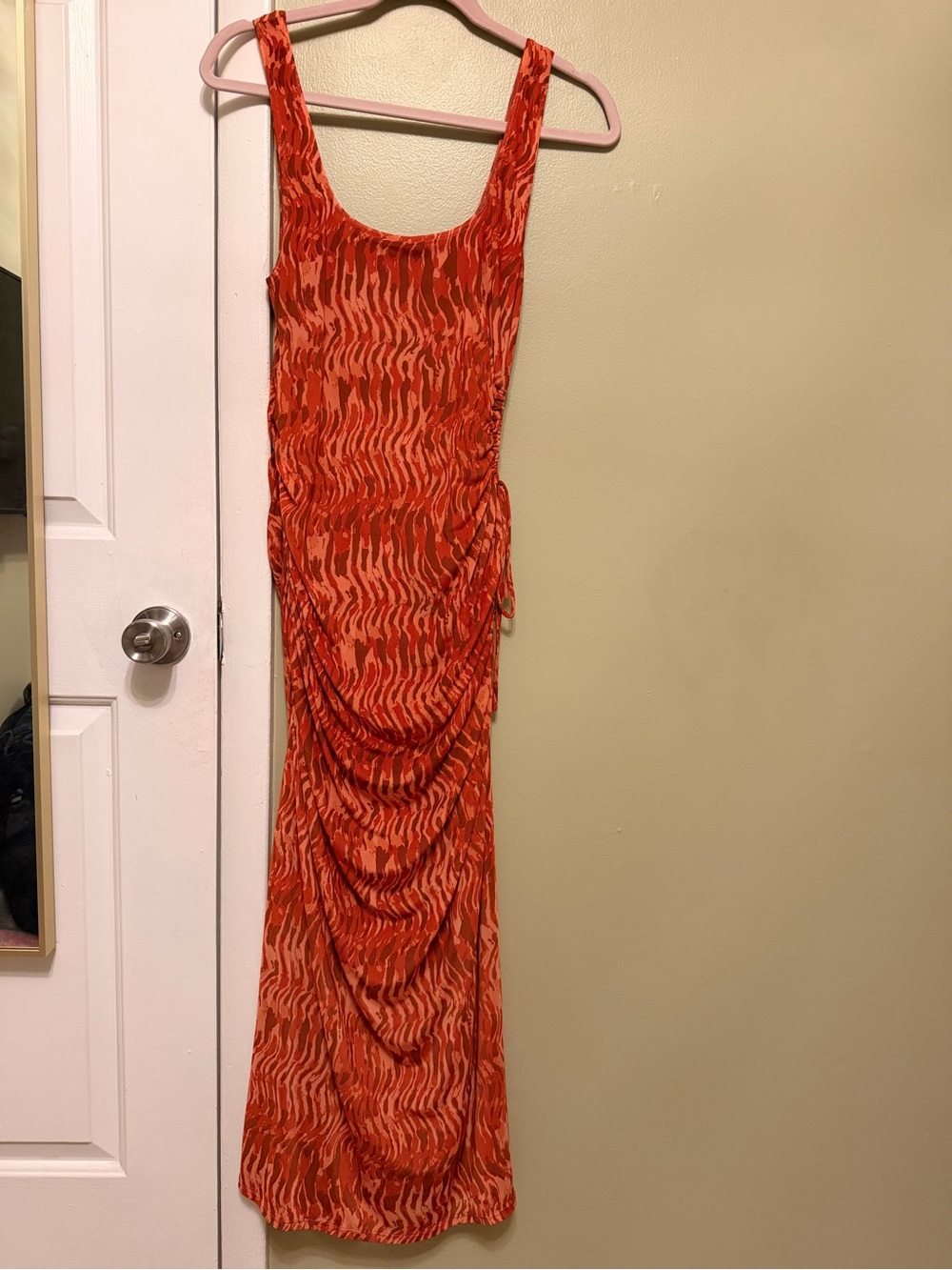 House of Harlow 1960 Red-Orange Printed Ruched Maxi Dress